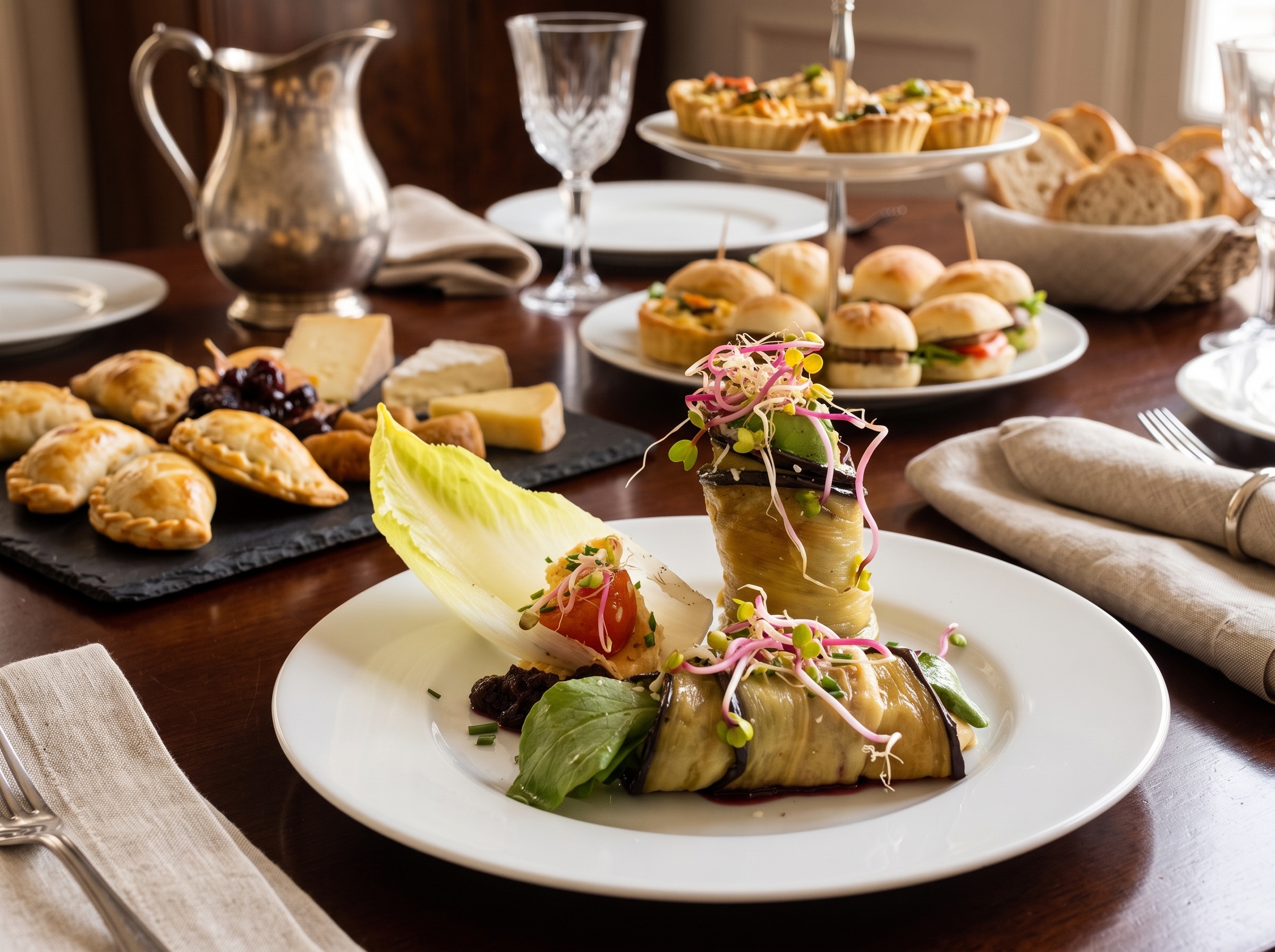 Rolls de berenjena servidos en plato con empanadas y bocados al fondo