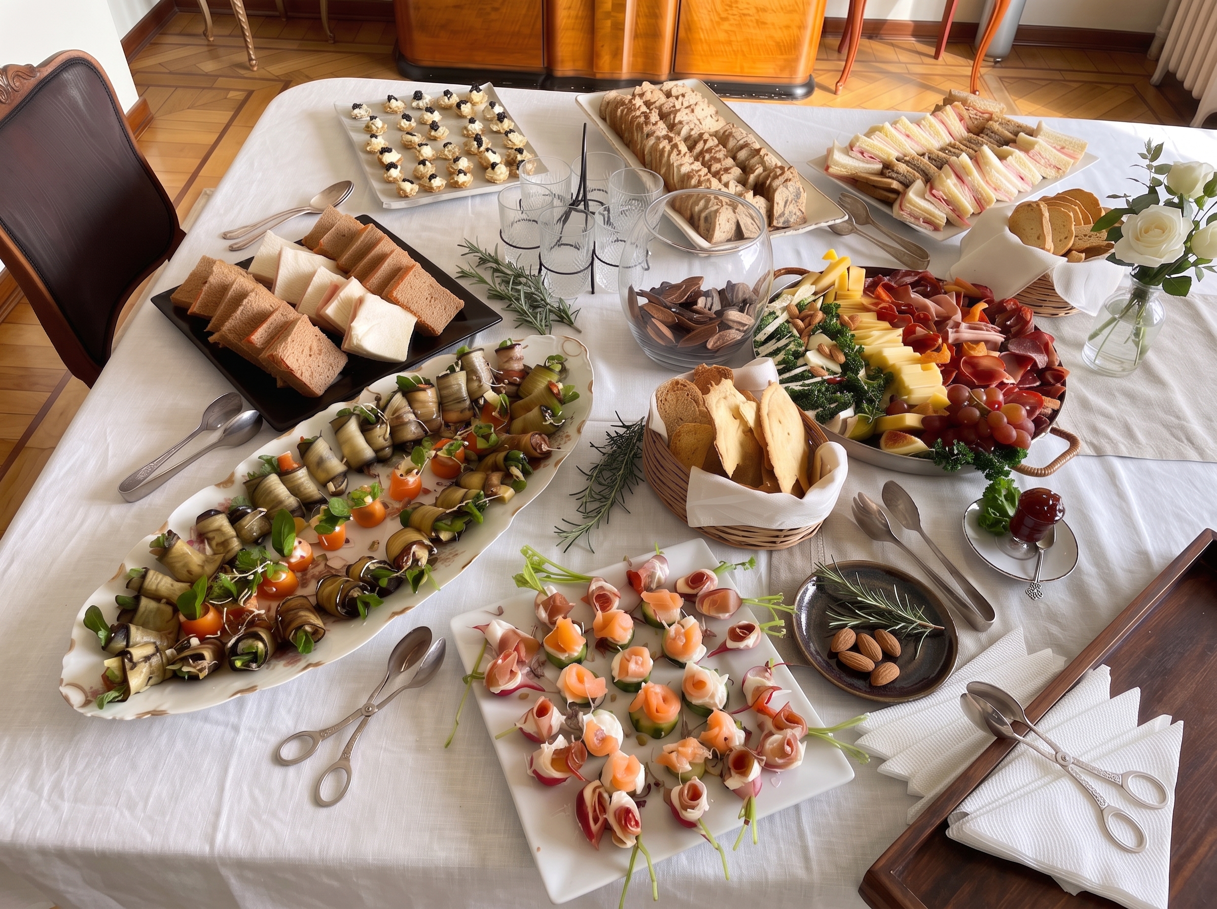 Mesa de catering corporativo con sandwiches, panes, bocados y vajilla de servicio
