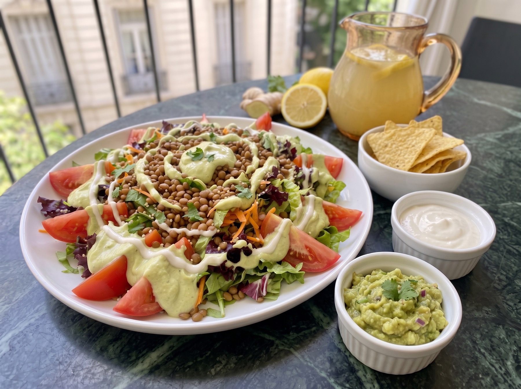Ensalada fresca con salsas y bowls para una mesa de evento