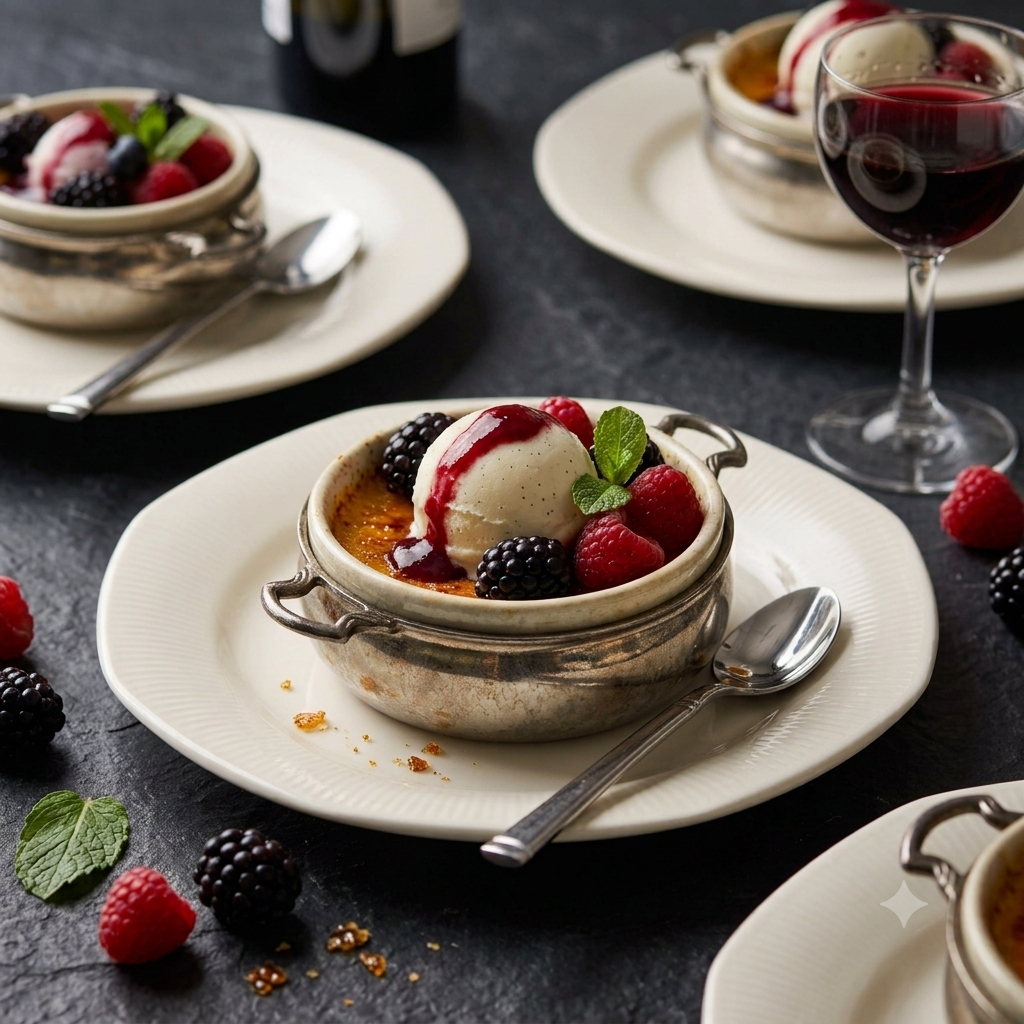 Postres individuales con frutos rojos servidos en vajilla clásica
