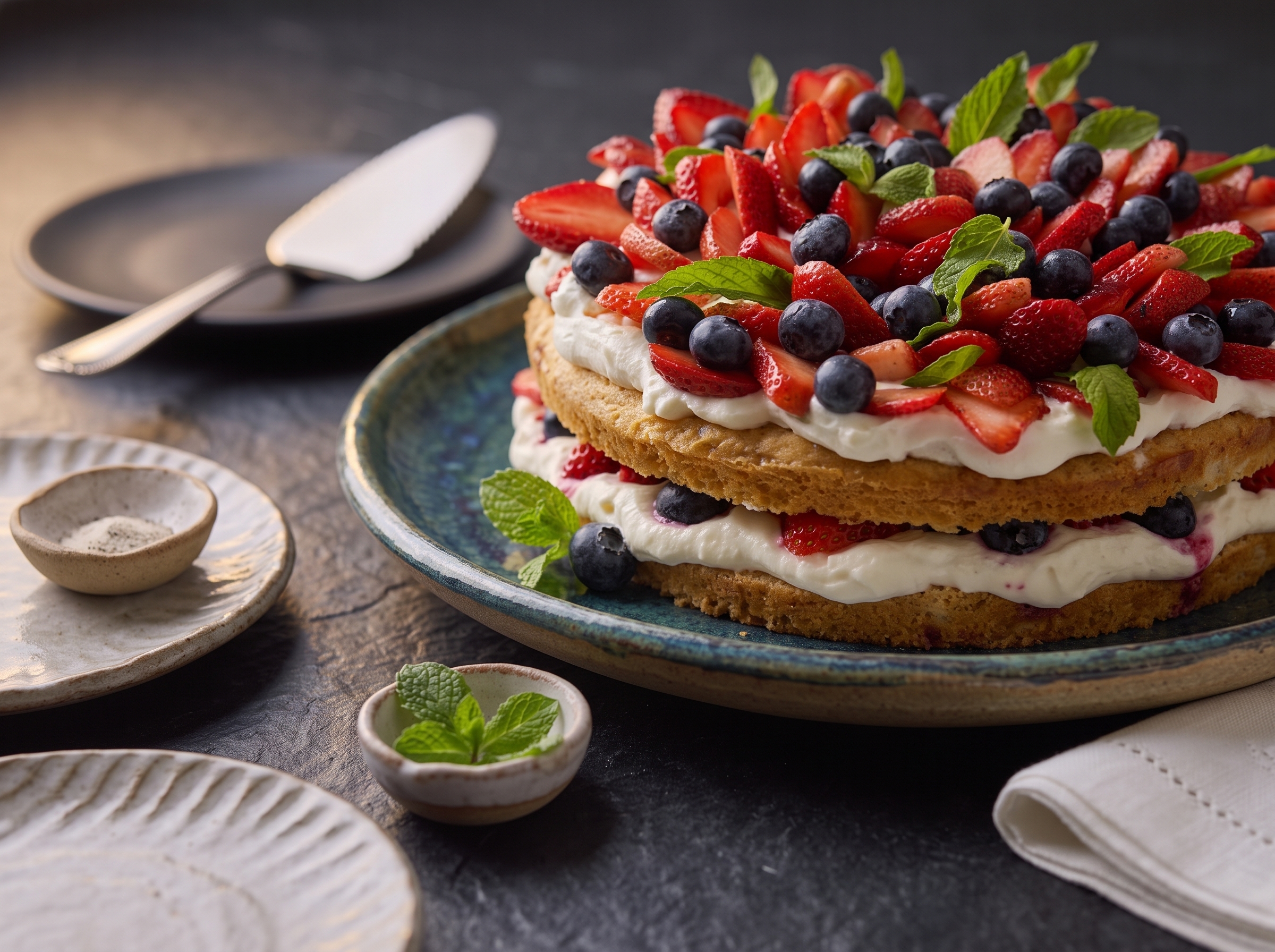 Torta casera con crema, frutillas, arandanos y menta