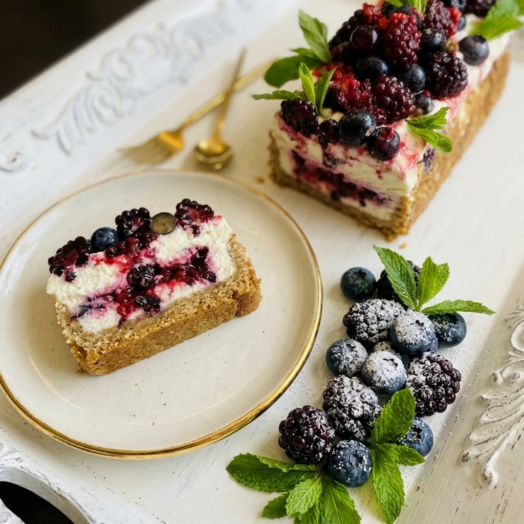 Torta casera de frutos rojos con menta y una porción servida en bandeja blanca