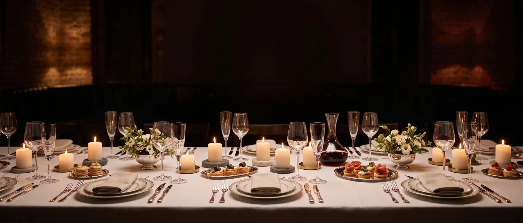 Mesa de evento con velas bajas, copas, flores y platos servidos