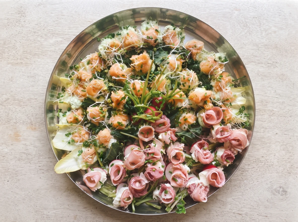 Fuente de salmón, jamón crudo y verdes preparada para evento