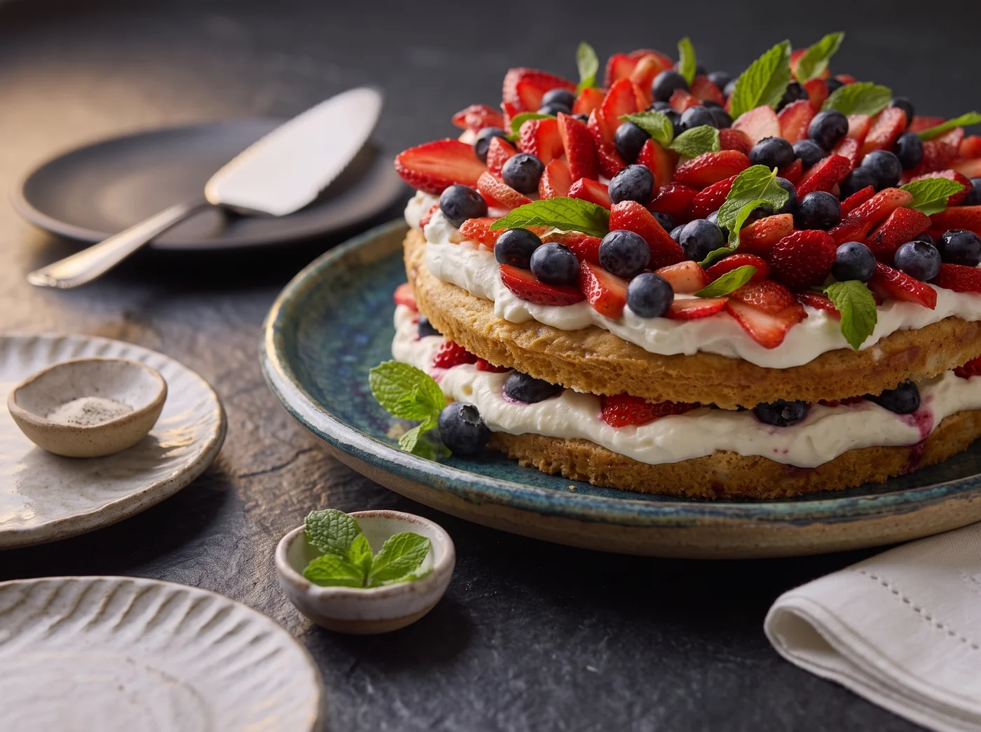 Torta casera con crema, frutillas, arandanos y menta
