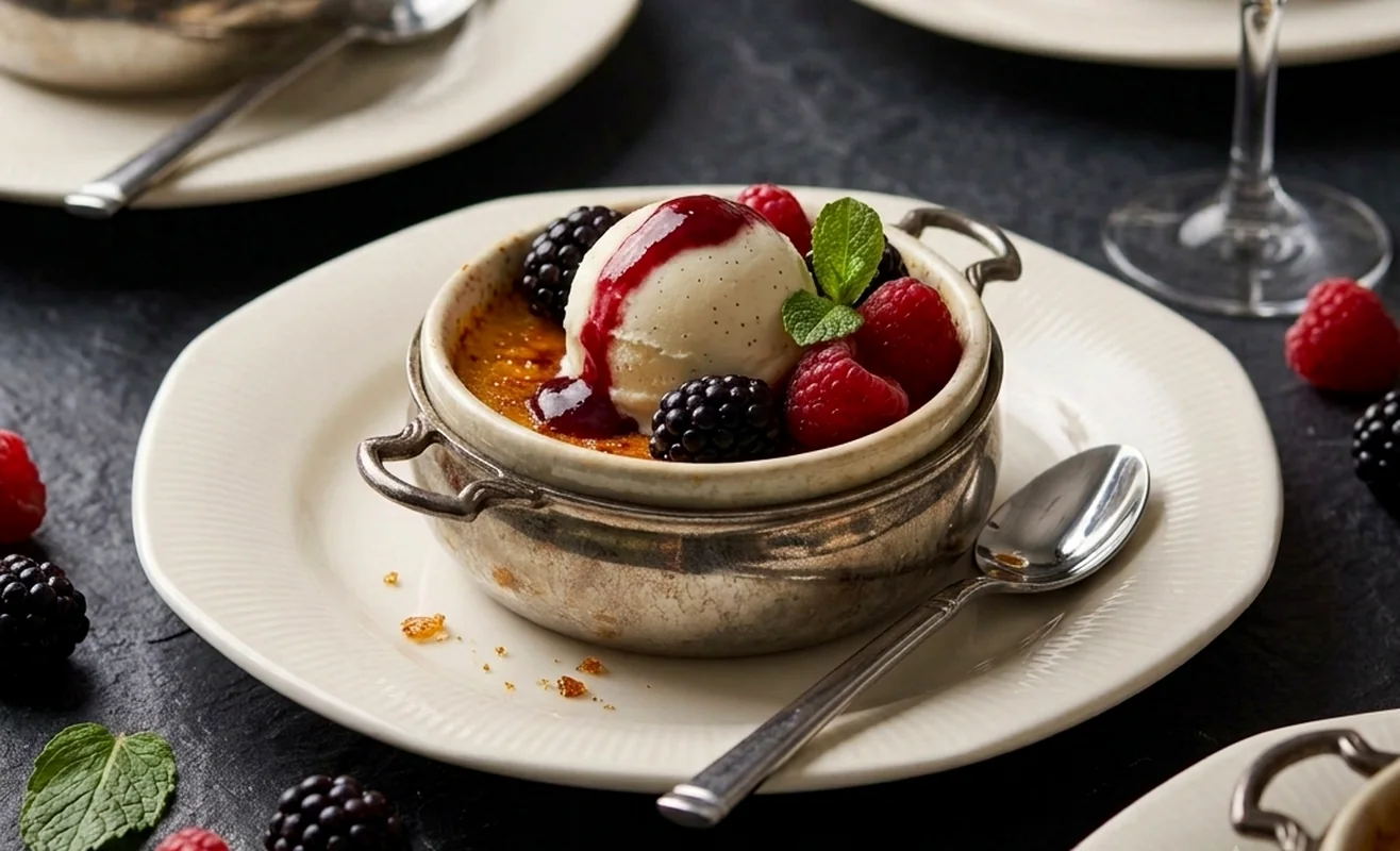 Postre individual con frutos rojos y vajilla para catering corporativo
