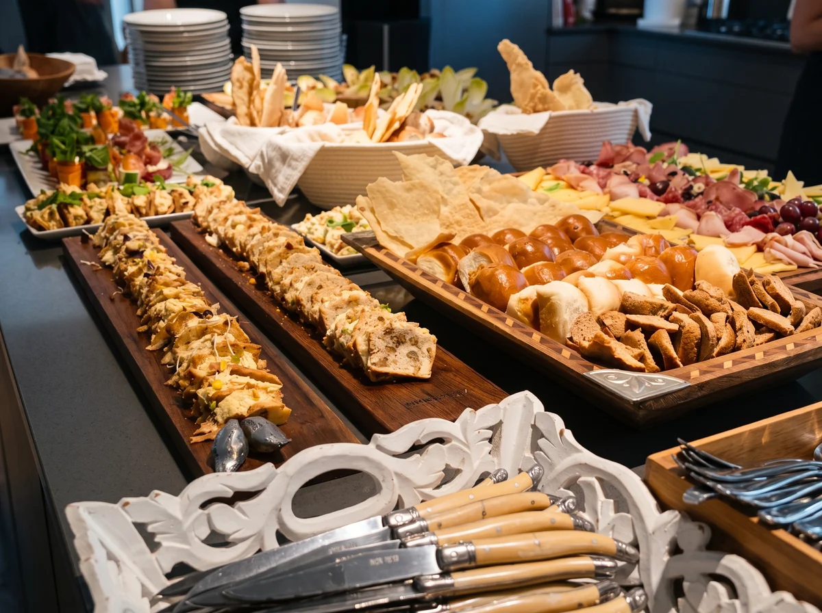 Mesa de catering abundante con panes, fiambres y bocados salados
