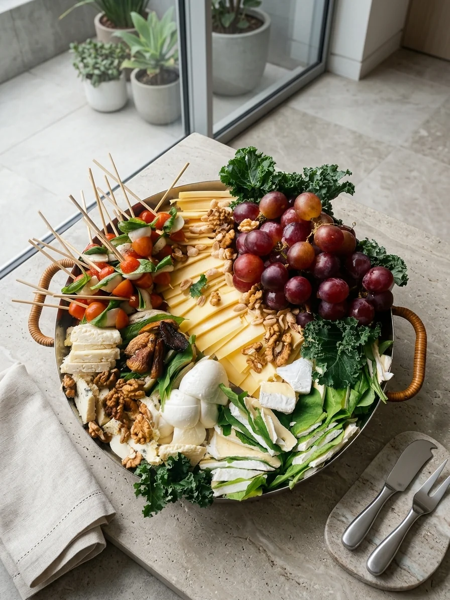 Tabla vegetariana con quesos, uvas, nueces y brochettes caprese
