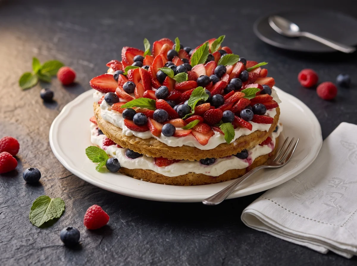 Torta frutal con crema y frutos rojos