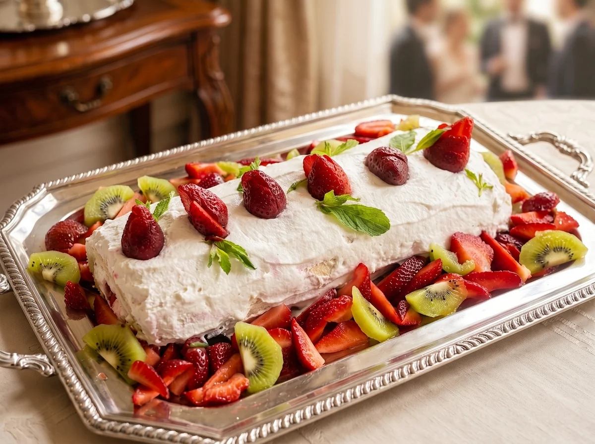 Torta frutal servida en una fuente de plata