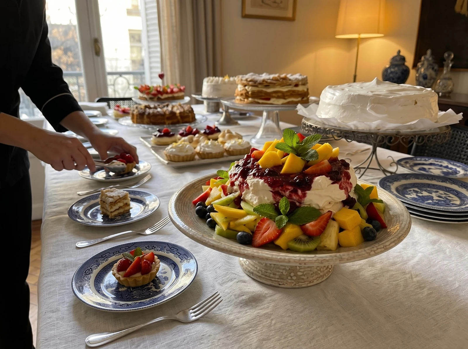 Mesa dulce con tortas, postres y servicio de mozo para evento