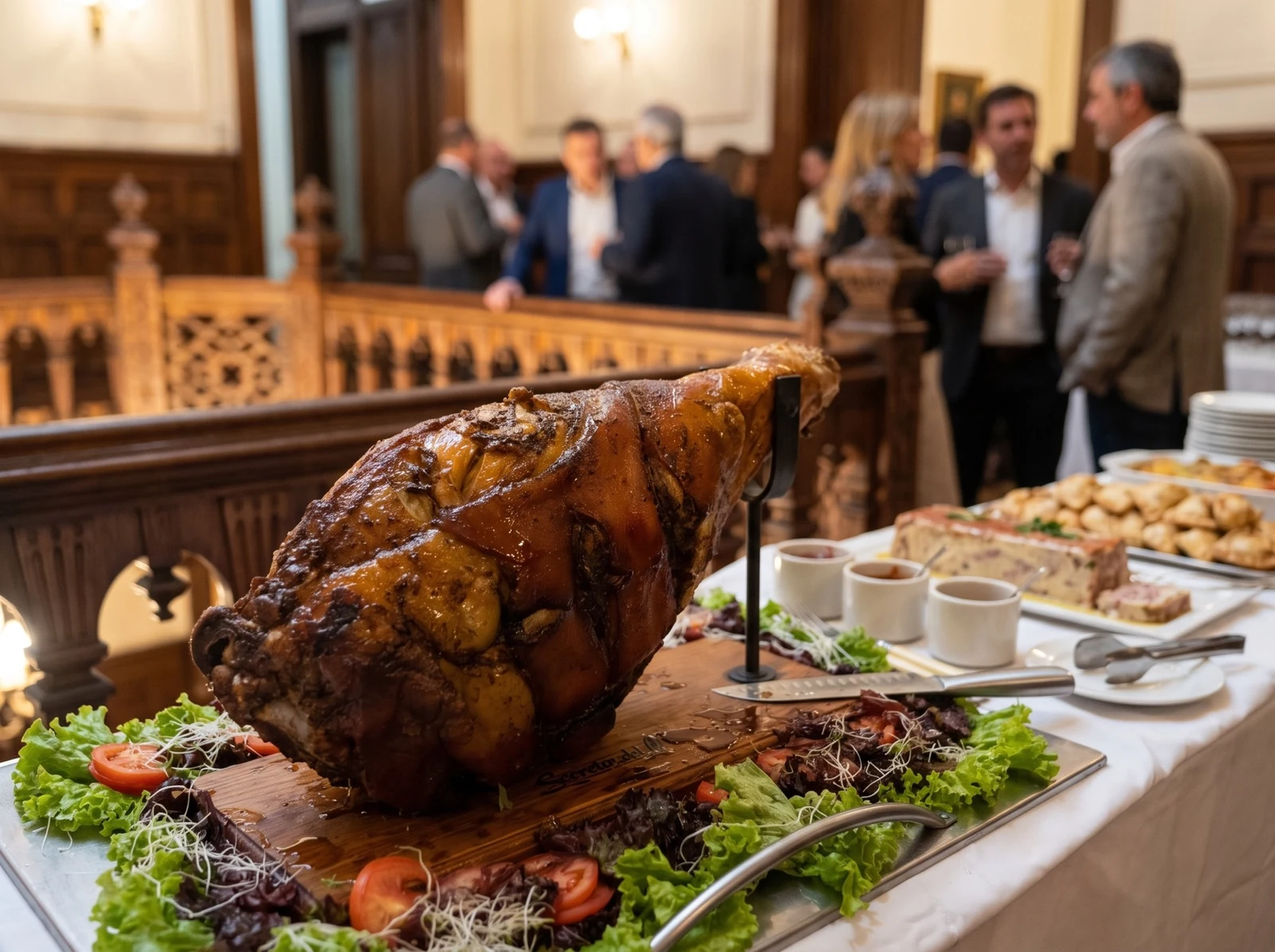 Pernil presentado en salón con invitados al fondo