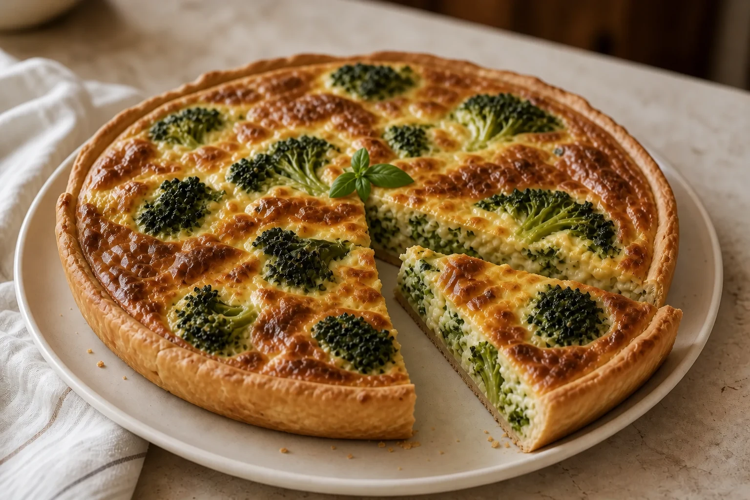 Tarta casera de brócoli con una porción servida en plato de cerámica
